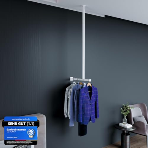 LIO HOME® Kleiderstange Weiß Metall | Moderne hängende Wand- & Deckengarderobe | (H: 60-90 cm, B: 50-65 cm) | 100 kg Tragkraft | Platzsparendes Industrial Design | Inkl. Montagezubehör