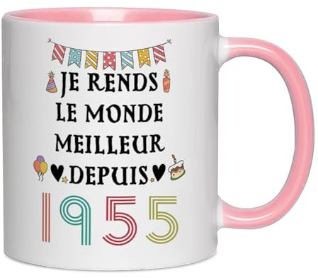 Fatbaby Cadeaux pour le 70e Anniversaire des Femmes, Tasse à Café pour les Septuagénaires, Tasse à Thé Je rends le monde meilleur depuis 1955 11oz