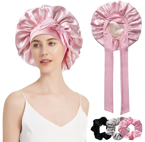 MEGAVOW Cuffia Seta Capelli Ricci con 3 Pezzi Scrunchies Grande Regolabile Bonnet da Notte in Raso Doppi Strati Dormire Berretto per Protezione Capelli