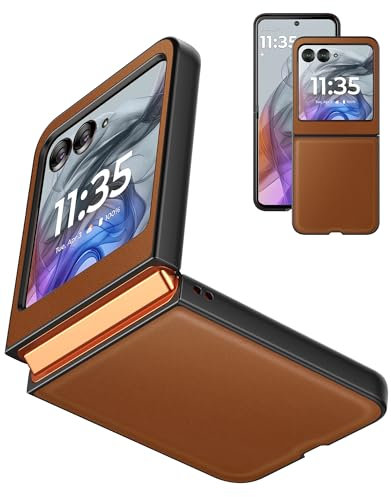 Eastcoo Slim Fit Moto Razr 50 Hülle, [Durable Leder Hard PC Rückseite][Wireless Ladeunterstützung] Ultra-dünne stoßfeste Schutzhülle für Motorola Razr 50/Moto 2024 5G, Braun