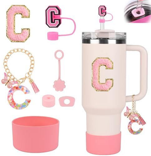 Stanley Cup Accessories Set for Stanley Cup 30oz 40oz, Stanley Tumbler Accessories Including Silicone Straw Cover Cap and Boot, Spill Proof Stopper, Cute Letter Keychain Handle Charm, Sticker (C)