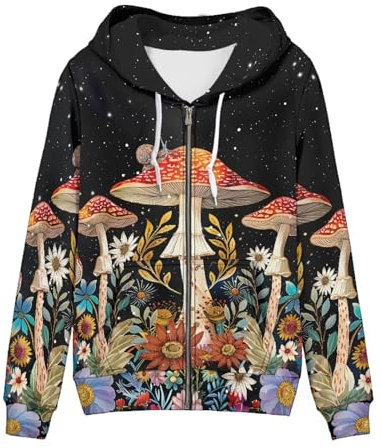 YEXIATODO Lässiger Kapuzenpullover für Damen, Reißverschluss, Kapuzen-Sweatshirt mit Tasche, Cute Mushroom 1, M