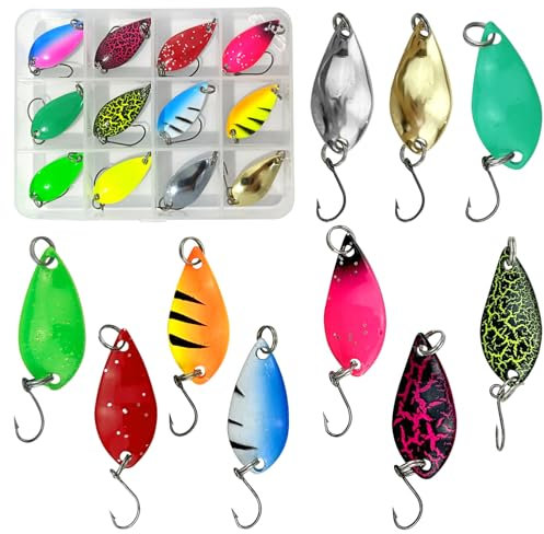 Jaczora 12 PCS Sea Fishing Spinners Set, Multi Colored Spinner Fishing Lures Fishing Spoons Lure Baits with Box for Trout Salmon Bass Fishing Set