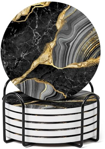 GRISHA Coasters Set of 6 - Homeware Marble design Coasters Ceramic - Coasters with Holder and Cork Base,Home accessories,Coaster(Drinks) cup and Table decor,10cm 4inch. (Delux Black)