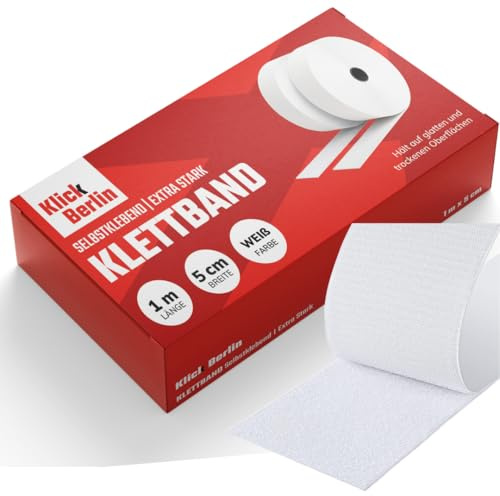 Klick Berlin Klettband Selbstklebend Extra Stark 5 cm x 1 m | Klett klebt auf vielen Flächen | Klettverschluss | 50 mm breit, 1 Meter lang | Weiß
