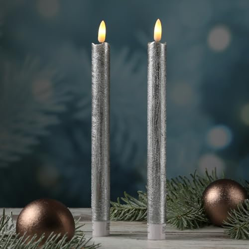 MARELIDA LED Stabkerzen Tafelkerzen Spitzkerzen Echtwachs Rustik Optik H: 25cm 2St (Silber)