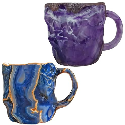 2 x Mineral-Kristall-Kaffeetasse, lila-blau, künstlicher Onyx und Amethyst-Kristall, dekorative Tasse, lebensechte, elegante Mehrzweck-Kaffeetasse für Zuhause und Büro, für originelle Geschenke