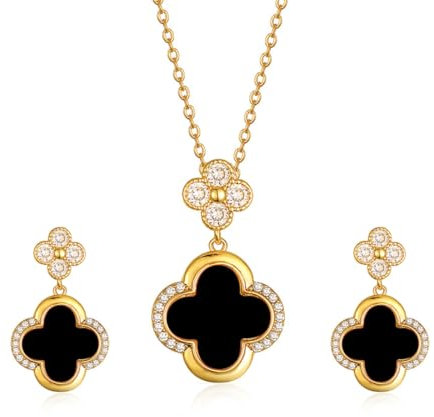 Gkaopi Vierblättriges Kleeblatt Schmuckset für Damen Gold Plated Titan Edelstahl Schwarz Weiß Glücksklee Anhänger Halskette und Ohrringe Set Hypoallergen Zierliche Schmuck Set für Mädchen