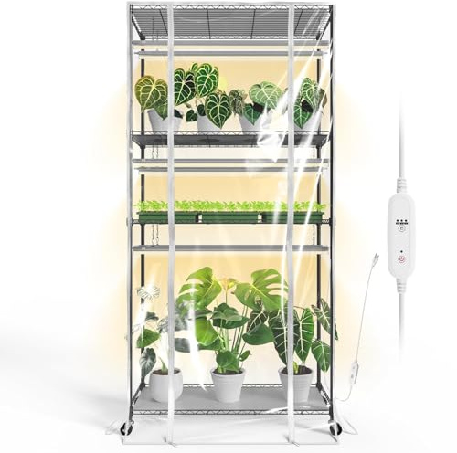 Bstrip Zimmergewächshaus mit Wachstumslicht, hohes Gewächshaus mit 6 Stück T5 Vollspektrum-Wachstumslichter mit Timer, Pflanzenregal mit Zelt für Zimmerpflanzen, Samenstart, Anzuchtschale, 59,7 x 35,1