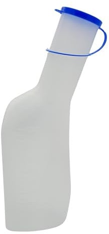 Urinflasche 1000 ml mit Bürste – Robustes Polypropylen (PP), milchig-weiß, hitzebeständig, mit geruchssicherem blauem Deckel – Ideal für Pflege, Krankenhaus, Reisen, für Männer
