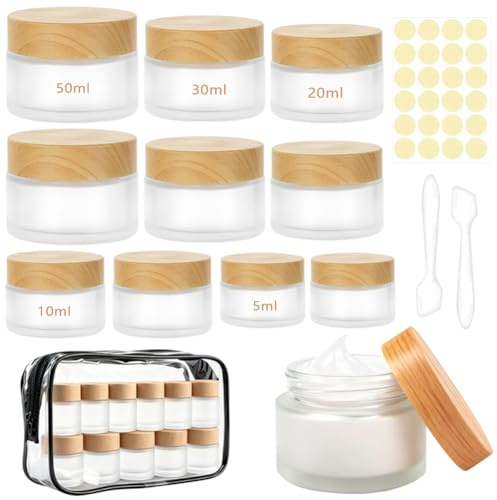 10er Glas Cremedosen zum Befüllen 50ml 30ml 20ml 10ml 5ml | Mit Spatel, Aufkleber & Tasche, Auslaufsichere Nachfüllbare Glastiegel für Kosmetik Cremes Lotionen ätherische Öle