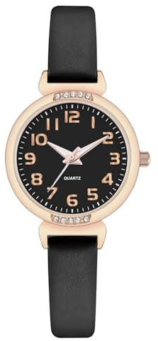 Nuovo Women's Watches Black Leather Women's Watches Rose Gold Case Elegant Simple Watch Crystal Diamond Watch Analogue Quartz Watches for Women