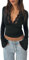 Women Bell Long Sleeve Top Lace Trim Going Out Crop Tops Flare Sleeve Deep V Neck Blouse Basic Tee Shirts (A-Black, S)