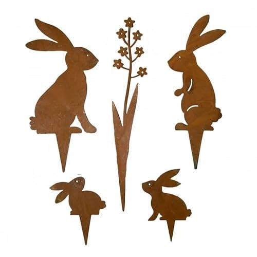 Storm's Gartenzaubereien Deko-Stecker Set - 5-teilig Mini Hasen - Blume - Edelrost Patina - Frühlingsdeko - Osterdeko Pflanzenstecker Garten Hase Rostfigur