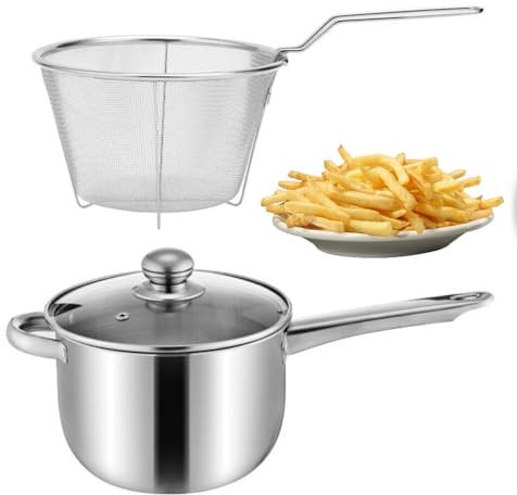 20cm Non Stick Chip Pan with Lid & Wire Basket, Stainless Steel Deep Frying Saucepan, Food Grade Kitchen Cooking Set