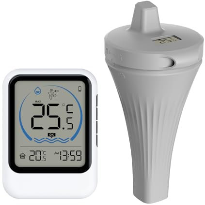 Vislone Termómetro inalámbrico para piscina con sensor de temperatura para piscina, pecera, bañera, piscina Formato de hora de 12/24 horas Registra la temperatura ℃/℉ conmutable