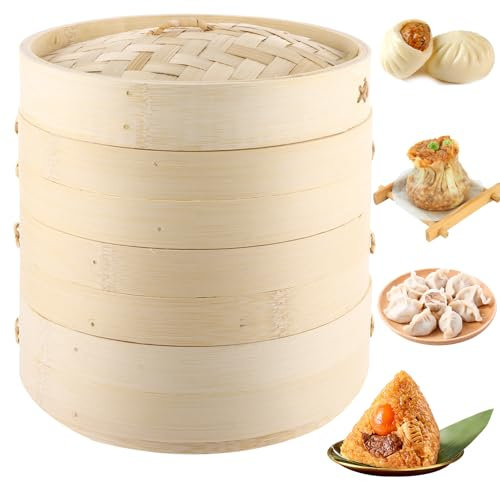 LDXDRU 3 Tier Bamboo Steamer, 20cm/8 inch Basket with Lid for Dim Sum, Vegetables, Bao Buns, Meat and Fish