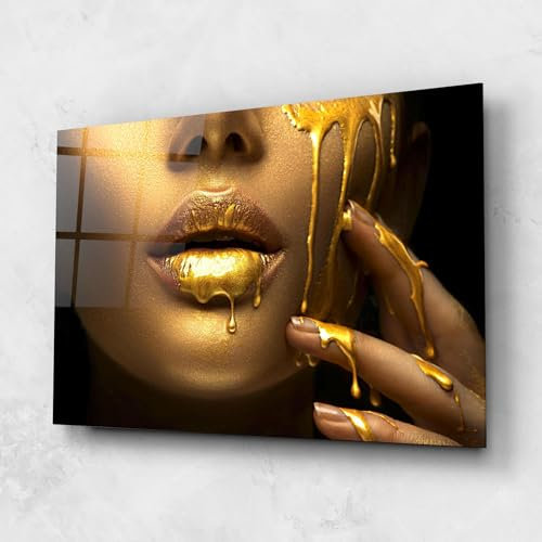 ARTHUB® Glasbild 80x120 cm, 5mm ESG | Moderne Wandbilder aus Glas für Wohnzimmer & Schlafzimmer, Wanddekoration, Wohnkultur, Frauen, Golden Lips