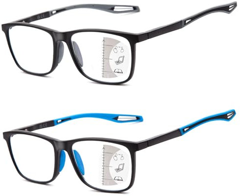 Epavouos 2 Pack Progressive Multifocal Reading Glasses for Men and Women, Sporty Design, Flexible Anti-Blue Light Readers (Black & Blue, 2, x)