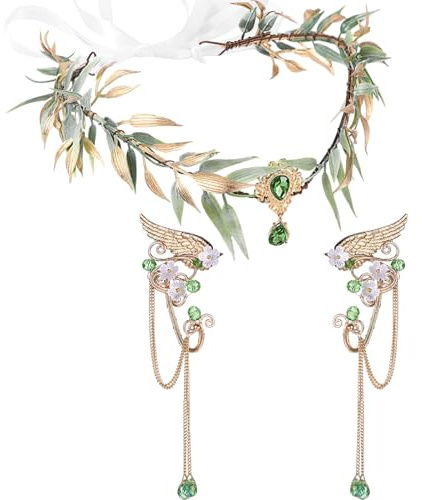 2 Stück Waldfee Kopfschmuck, Feen Kostüm Damen, Gold Elf Blumenkranz Stirnband und Elfenohren Schmuck, Elfen Kopfschmuck Grüner Kristall Kette für Hochzeit Karneval Halloween Cosplay
