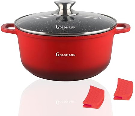 GOLDMANN Kasserolle 22 cm mit Glasdeckel, Premium Gussaluminium, 2,3L, Marmor-Keramik Antihaftbeschichtung, Induktionsgeeignet, Ofenfest (Rot, 28 CM)
