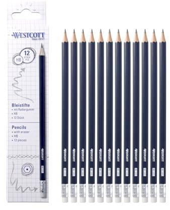 Westcott Bleistifte HB 12 Stück | Vorteilspackung Bleistifte mit Radiergummi | Hexagonaler Schaft in Dunkelblau | E-733992 00
