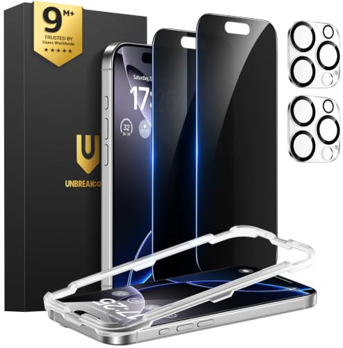 UNBREAKcable iPhone 16 Pro Privacy Screen Protector 2-Pack, Upgraded Dual-Tempered Glass + 2 Camera Lens Protectors, 25° Anti-Spy, Military-Grade 9H+, HD Clear, Anti-Fingerprint, 6.3 Inch