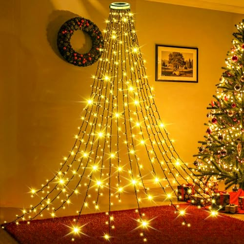 Joltix Luci Albero Natale Esterno Cascata, 2Mx16 Fili 420LEDs Luci Albero Natale, 8 Modalità Luci di Natale per Albero con Anello, IP44 Impermeabile per Interni Esterni Giardino Decorazioni (Caldo)