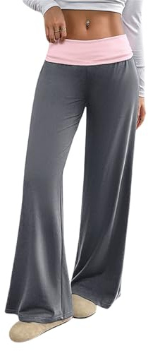Color Block Low Rise Fold Over Waist Baggy Wide Leg Pants Damen Low Rise Sweatpants Yoga Wide Leg Loungehose, grau, M