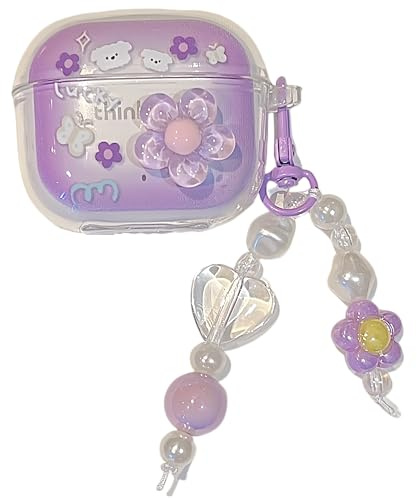 Gradient Clear Purple Flower Pattern Headphone Earphone Cover with Pendant Case for Lenovo Thinkplus LP40 Pro