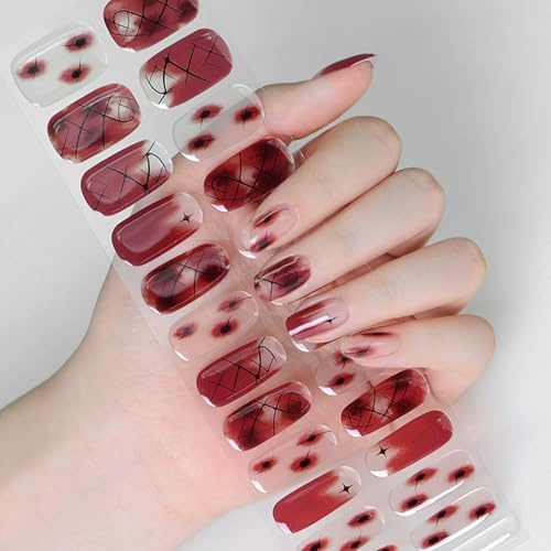 Tyuimhx Semi Cured Gel Nail Strips 24 Pcs Halloween Bloody Gel Nail Stickers Blood Star Designs Wraps for UV/Led Manicure Lamp Nails Art Decorations