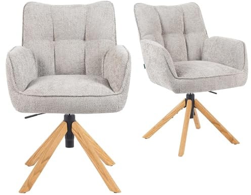 DUBI Möbel 2er Set Esszimmerstühle höhenverstellbar, Bürostühle & Konferenzstühle, 360° drehbar mit Taschenfederkern, ergonomisch gepolstert, Eichegestell, Stoff Hellgrau, Modell Mika-Keno