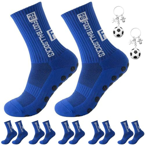 PNANLYA 6 Paar Fußballsocken Set, Rutschfeste Sportsocken 39-46 Fussball Socken 2 Fußball Schlüsselanhänger Anhänger, Griff Fussballsocken für Männer und Frauen geeignet Football Socks,Blau