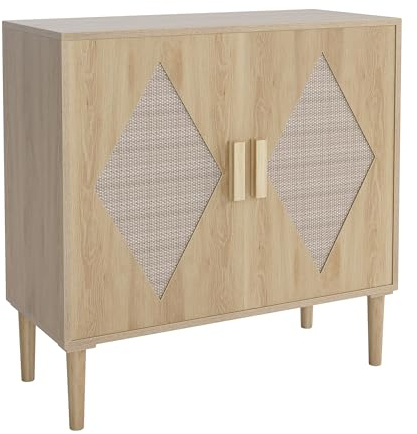 Garvee Aparador de Ratán con Almacenamiento, 2 Puertas con Decoración Tejida + Estantes Ajustables, Armario Multifuncional para Comedor y Cocina, Color Madera, 80×40×88 cm
