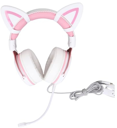 Naroote Casque Gaming, Casque Supra-Auriculaire Filaire à Réduction de Bruit avec Micro Réglable et éclairage RGB, Conception en Mousse à Mémoire de Forme épaisse, (Décor Rose Blanc avec Oreilles de