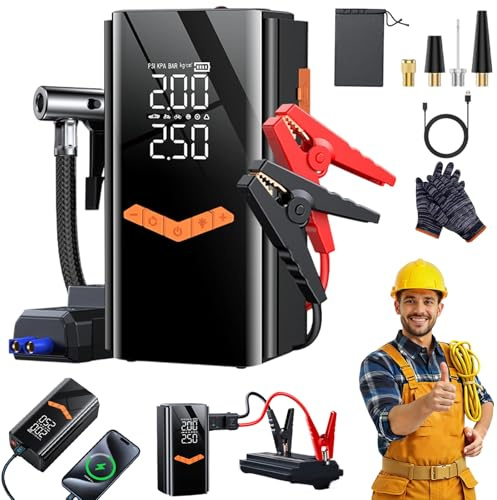 Démarreur De Saut De Voiture 12v 4 en 1, 6000/8000/10000a Booster Voiture Batterie Démarrage Portatif, Pompe De Gonflage De Pneus sans Fil avec LED, Chargeur Nomade Et Lampe De Secours (8000A)