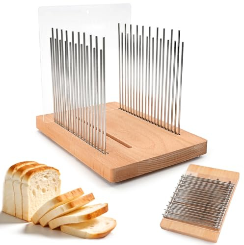 X-BLTU Bread Slicer, Beechwood Cutting Board, 4 Adjustable Thicknesses | Solid Beech Wood Base, Stainless Steel Rails, 2 Acrylic Baffles, Foldable, for Homemade Bread, Roast, Loaf, Sourdough Rounds