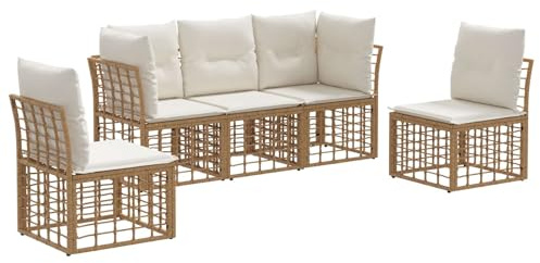 vidaXL Outdoor-Sofagarnitur Natur Polyester, Bequemes Outdoor-Sofa-Set, modernes Rattan-Gartenmöbel, modulares Design, wetterfeste Kissen für den Patio