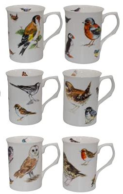 (Item 3C) Kirsty Jayne China- 10Fl oz Bone China British Birds Set of 6 Beakers, Mugs- Gift Boxed