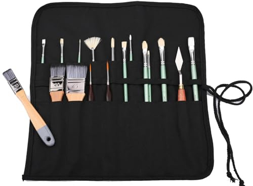 Amoyie Paintbrush Roll Up Case, Artist Brush Holder, Art Pen Carrier, Black | 20 Slots for 40 Brushes, Canvas Storage Bag for Acrylic, Oil, Watercolour Paintbrushes, Foldable Pouch, Outdoor Sketch