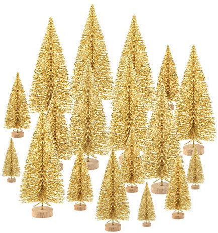 TUPARKA 48 Stücke Miniatur Flasche Pinsel Bäume Mini Weihnachtsbäume Sisal Schnee Kiefern Bäume Tischplatte Bäume für Weihnachtsfeier Dekorationen DIY Zimmer Dekorieren Diorama Modelle (Gold)