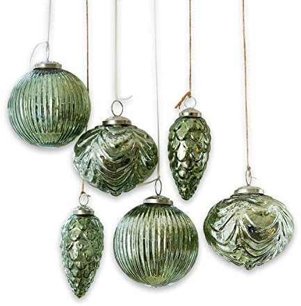 Loberon Weihnachtsschmuck 6er Set Silverhill, Mundgeblasen, Verschiedene Formen, Antik-Finish, Weihnachtskugeln, Weihnachten, Christbaumschmuck, Glas, Edelstahl, antikgrün