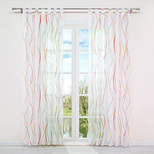 HongYa 1 Stück Voile Gardine Transparenter Vorhang mit Schlaufen Wellen Druck H/B 225/140 cm Bunt Orange