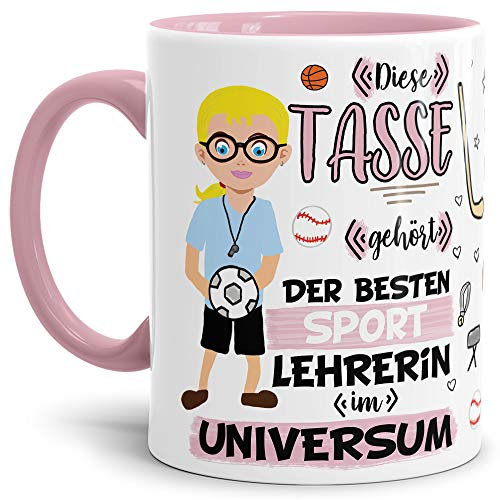 Tasse Beste Sport-Lehrerin im Universum - Schule/Abi/Abschied/Geschenk-Idee/mit Spruch/Innen & Henkel Rosa