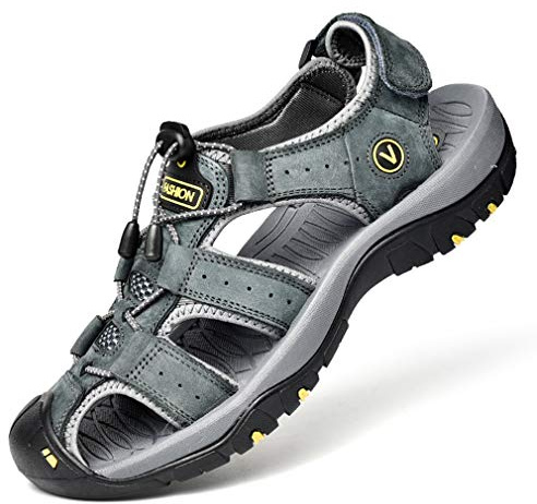 ZYLDK Sports Outdoor Sandals Summer Men's Beach Shoes Closed-Toe Shoes Leather Casual Trekking Walking Hiking Touch Close sandals for men Grey UK9