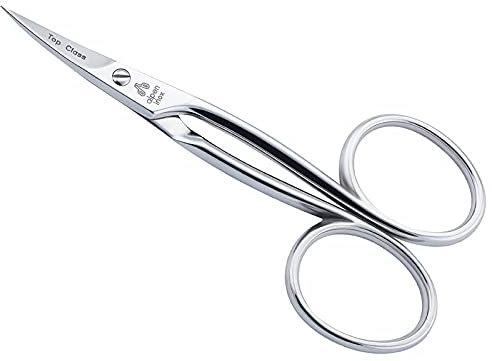 Alpen Hautschere, Stahl AISI 420 rostfrei, hochglanzpoliert, gebogen, 9.0 cm, schwarzes Steck-Etui
