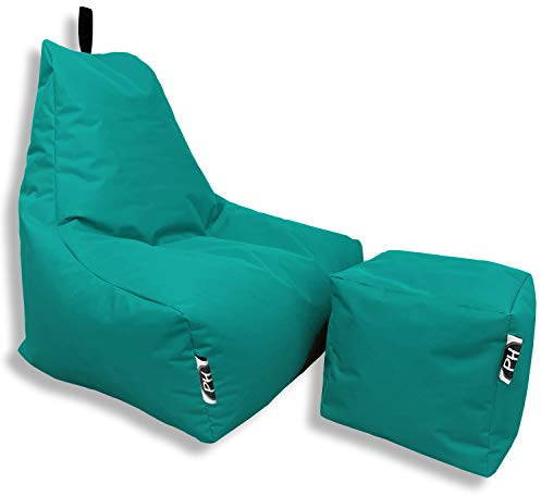 PATCH HOME Patchhome Sitzsack Lounge Sessel + Würfel/Hocker mit Reißverschluss Gamer Sitzkissen fertig mit Styropor Füllung befüllt H:90cm | T:78cm | B:82cm + 35x35cm Würfel Türkis
