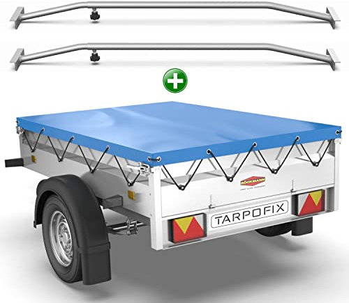 Tarpofix® Bâche pour remorque plate 209 x 115 x 10 cm + 2x arceau de bâche (réglable 100-145 cm) - Bache remorque PVC - Bâche de couverture pour diverses remorques de voitures de 750kg