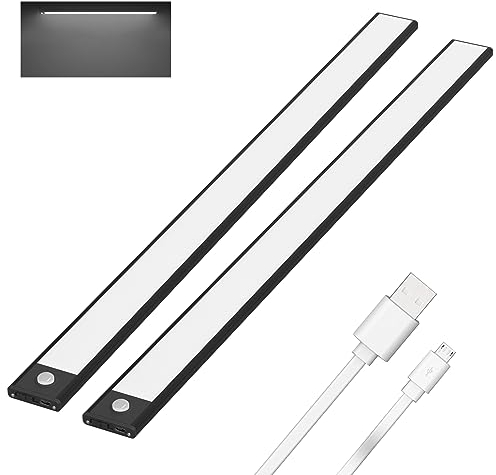 Klighten 2 Stück Schrankleuchten mit Bewegungsmelder, 60cm LED Sensor Licht mit 113 LED, USB Wiederaufladbar Batterie Nachtlicht Schranklicht für Küche, Auto/ON/OFF, Kaltes Weiß, Schwarz