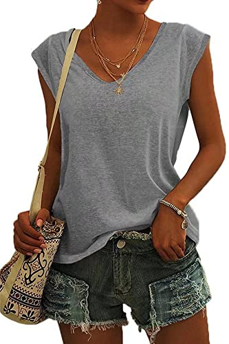 ASKSA Femme T-Shirt Débardeur Col en V à Mancherons été Couleur Unie Sport Tee Hauts Chemises Amples de Base Shirts (Gris,L)